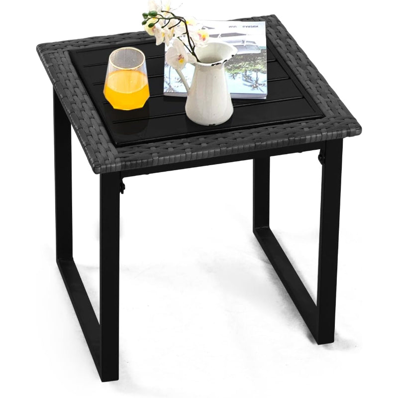 Black PE Wicker Square Outdoor Side Table