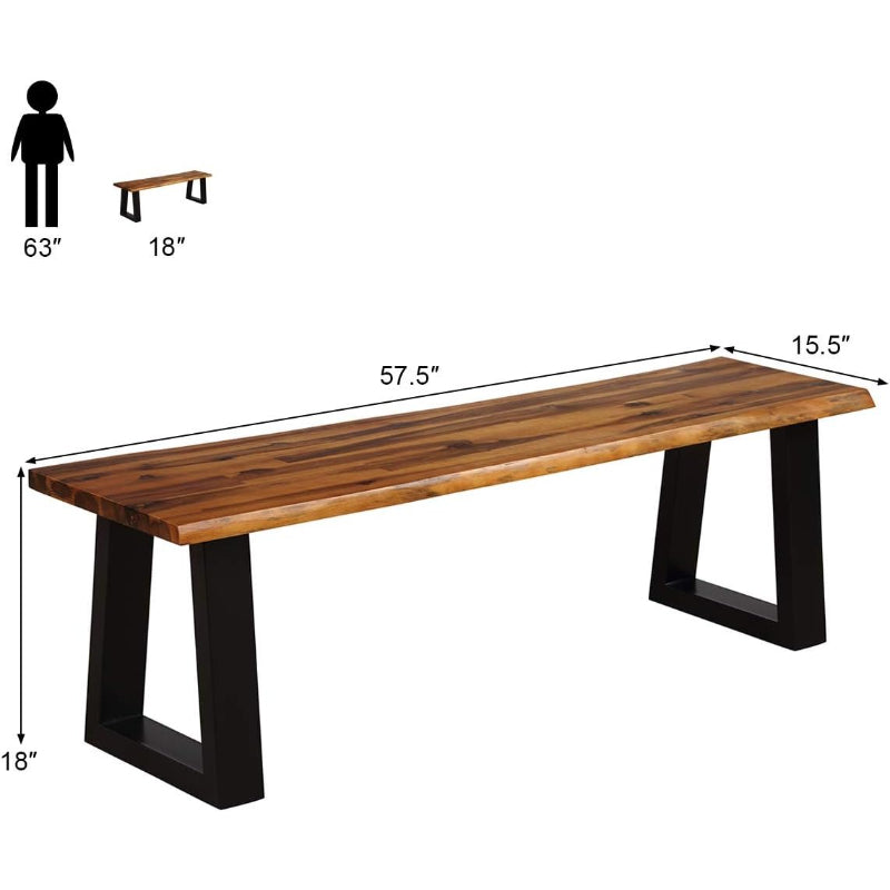 57.5" Live‑Edge Acacia Wood Backless Bench, Metal Legs