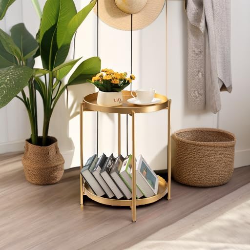 Gold 2‑Tier Round Folding Side Table