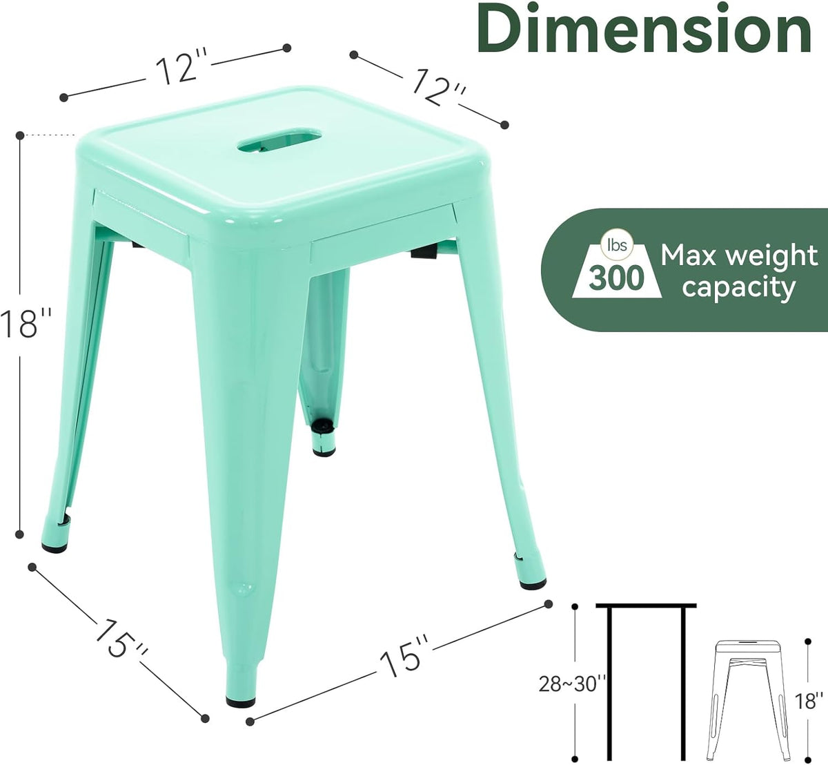Mint‑Green Stackable Industrial Metal Stools Set of 2, 18"
