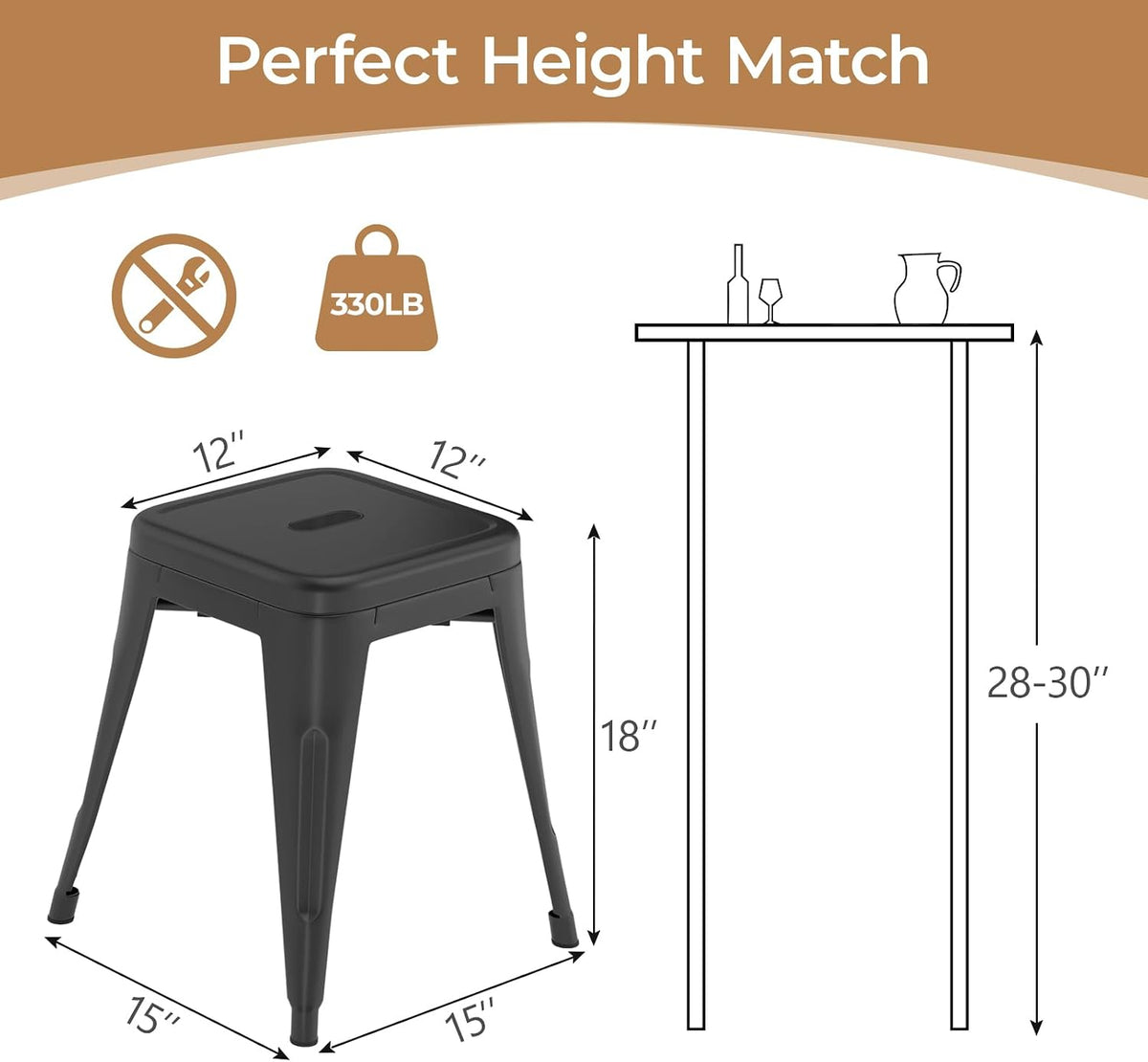 18 Inch Metal Dining Stools Set of 4,Mindnight Black