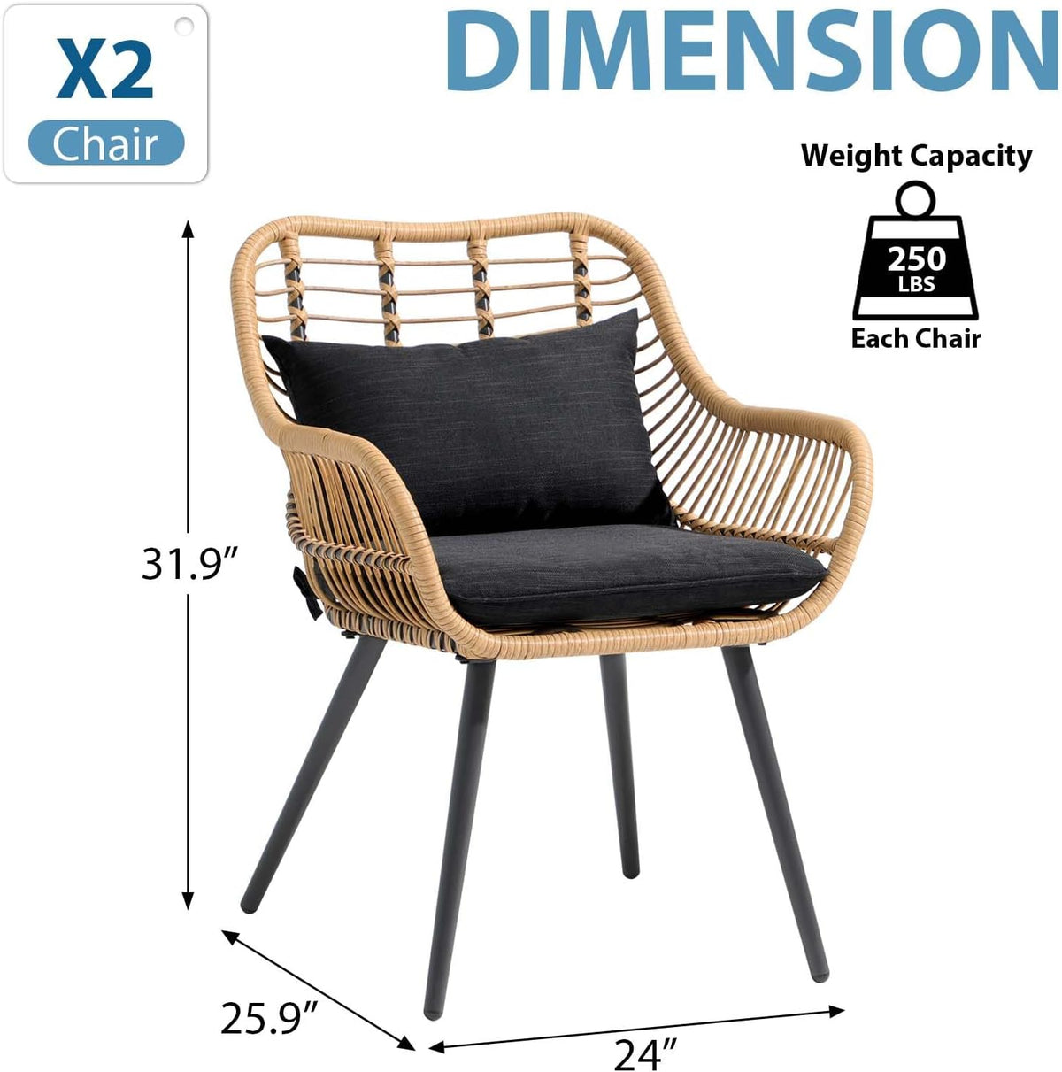 Black Wicker Patio Dining Chairs Set of 2