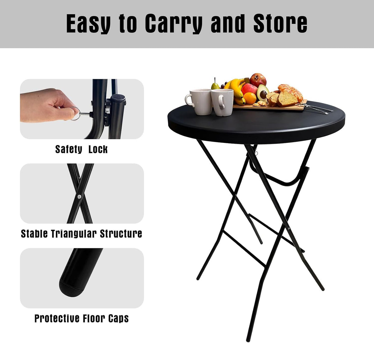 Black 32‑Inch Round Bar‑Height Folding Table 2 Pack