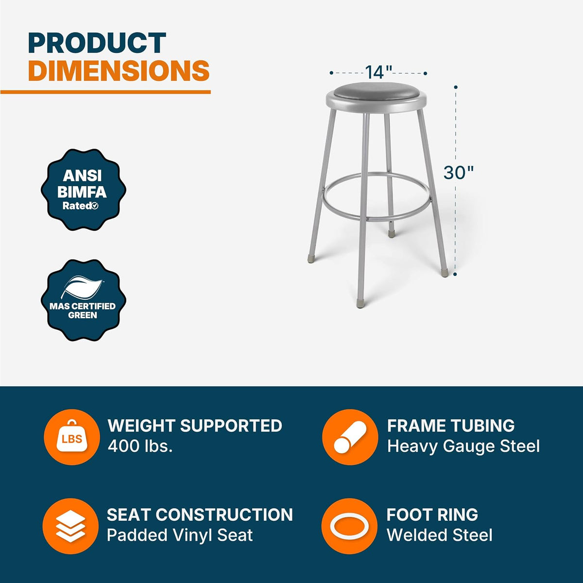 Grey‑Frame Vinyl Padded Round Stools Set of 2, 18"