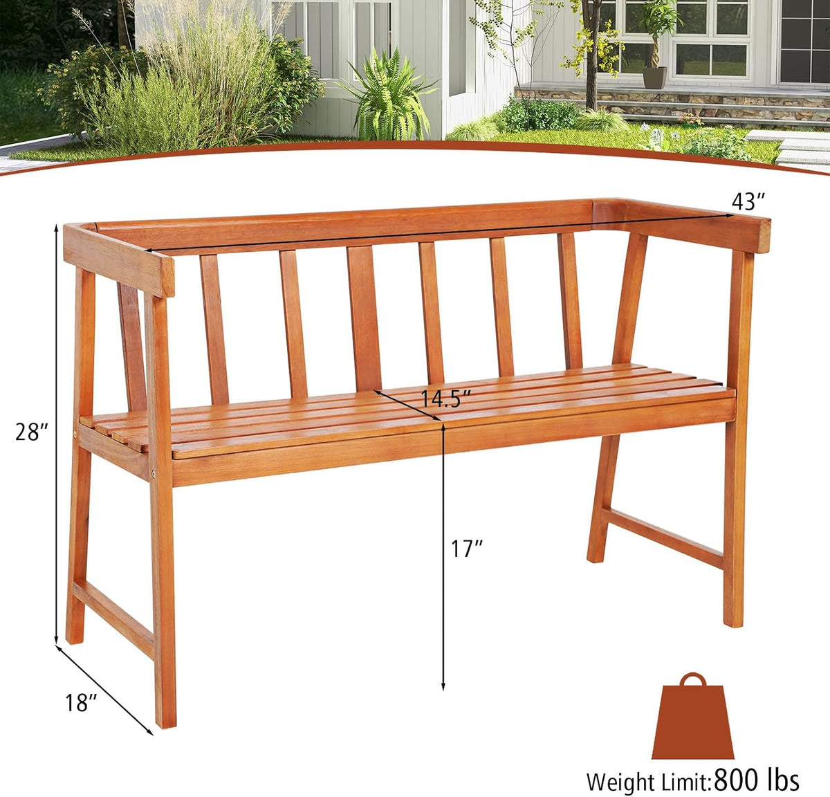 Wood 2‑Person Outdoor Bench with Backrest & Armrests