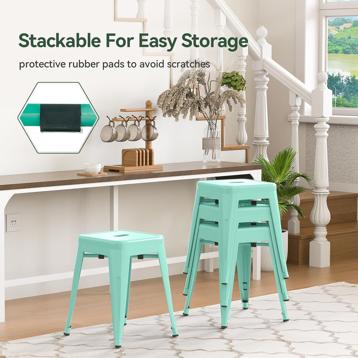 Mint‑Green Stackable Industrial Metal Stools Set of 2, 18"
