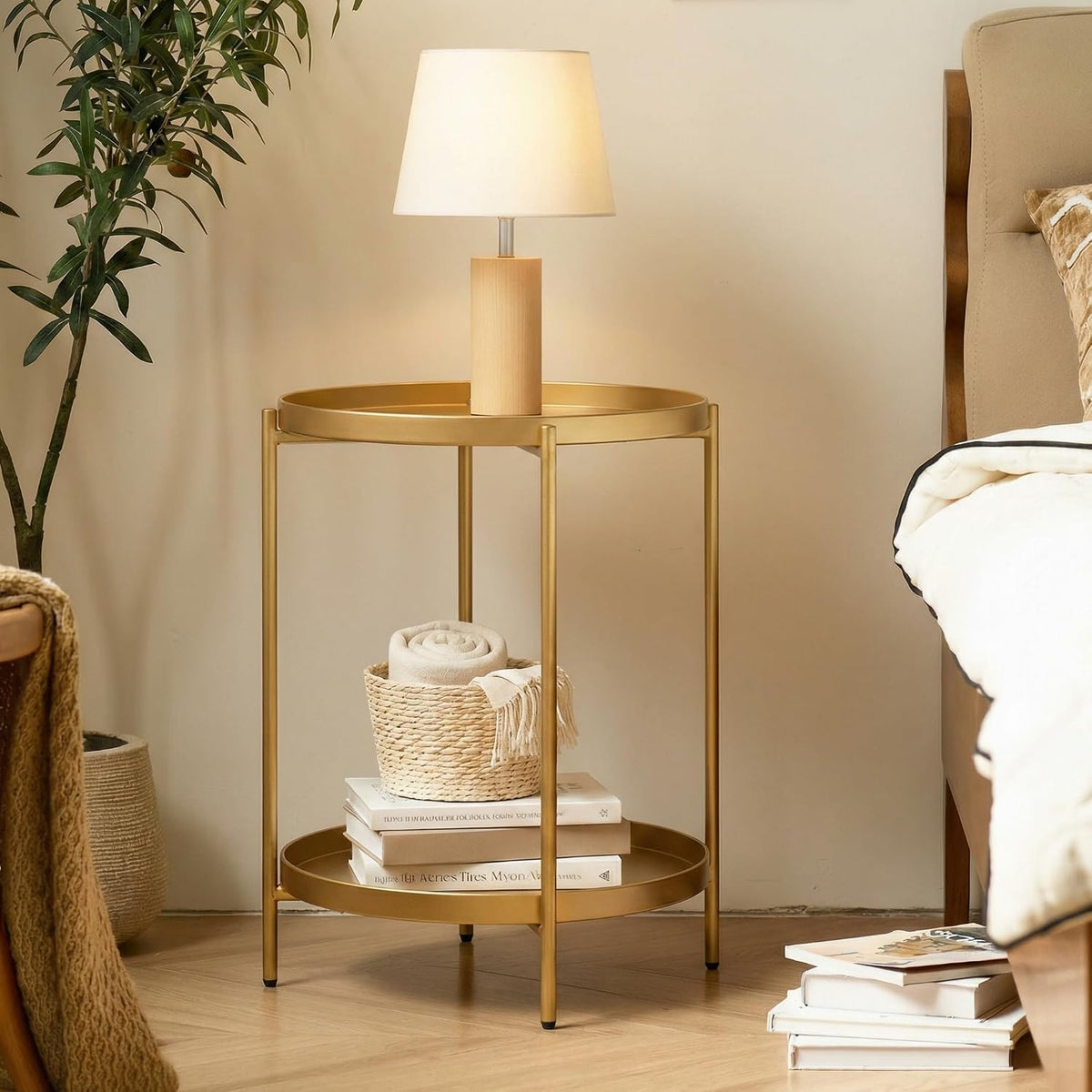 Gold 2‑Tier Round Folding Side Table