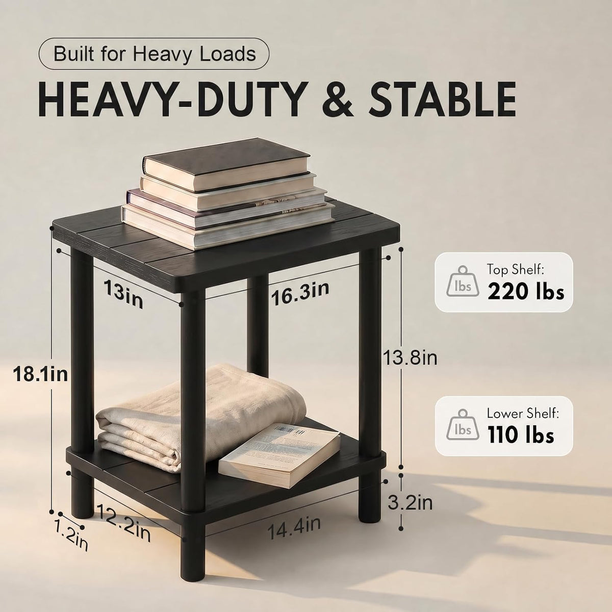 Black 2‑Tier Square Bamboo Outdoor Side Table