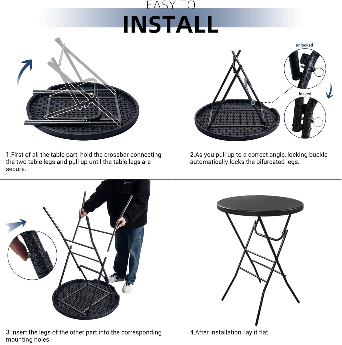 Black 32‑Inch Round Bar‑Height Folding Table