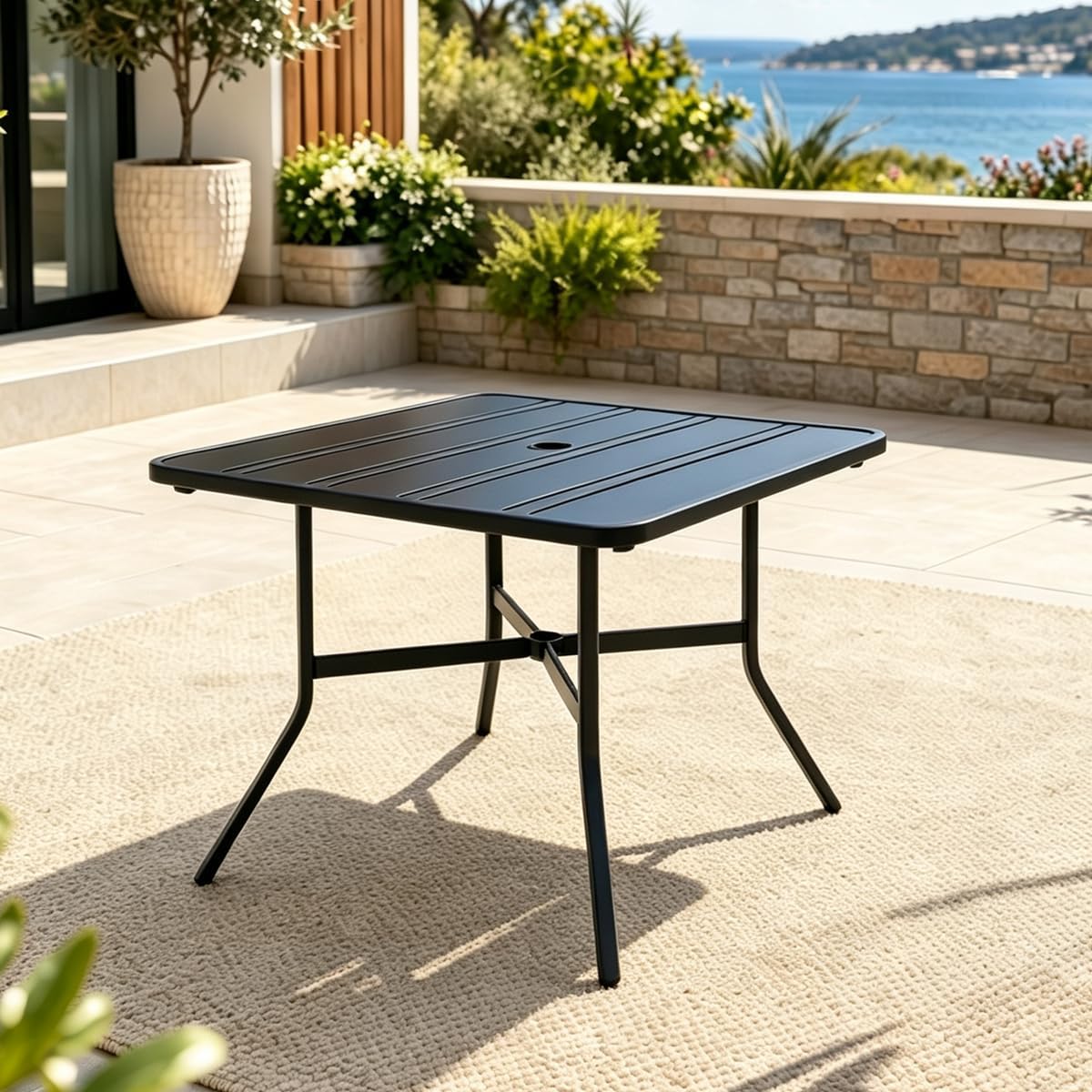Black Slatted‑Top Square Metal Outdoor Dining Table