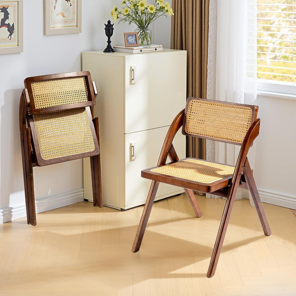 Brown Wooden Rattan Folding Chairs 2 Pack