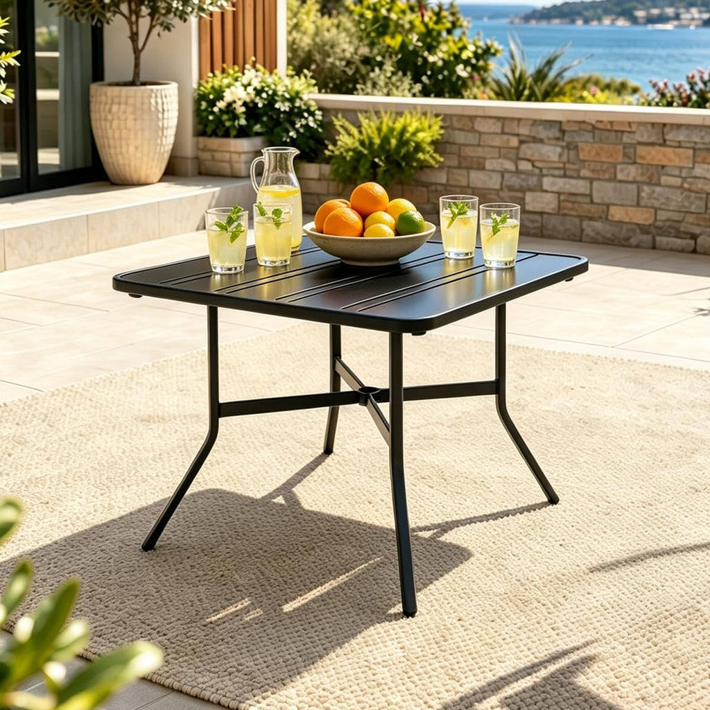 Black Slatted‑Top Square Metal Outdoor Dining Table