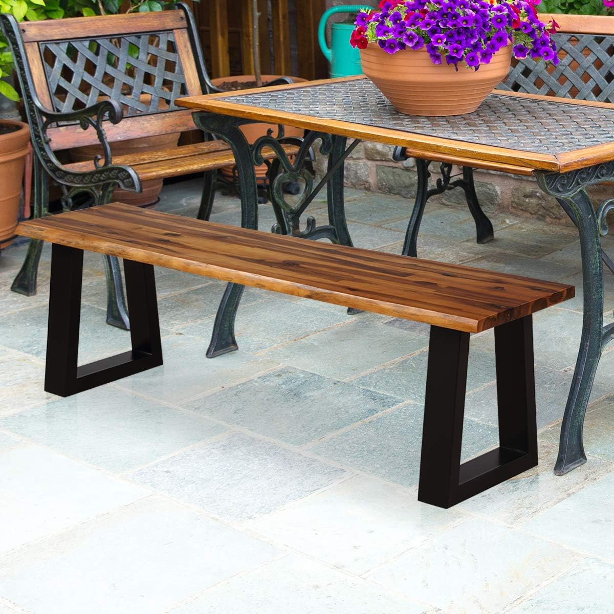 57.5" Live‑Edge Acacia Wood Backless Bench, Metal Legs