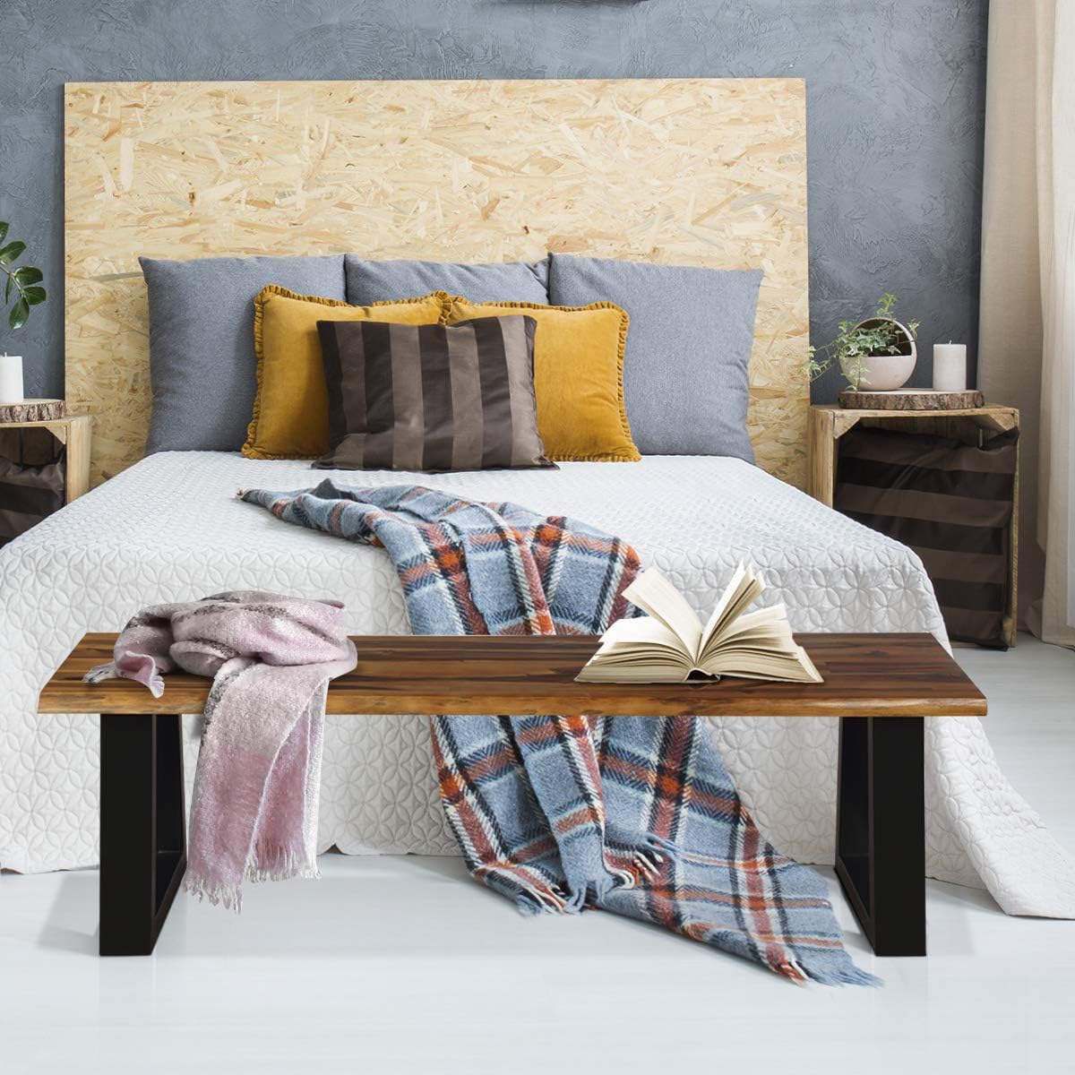 57.5" Live‑Edge Acacia Wood Backless Bench, Metal Legs
