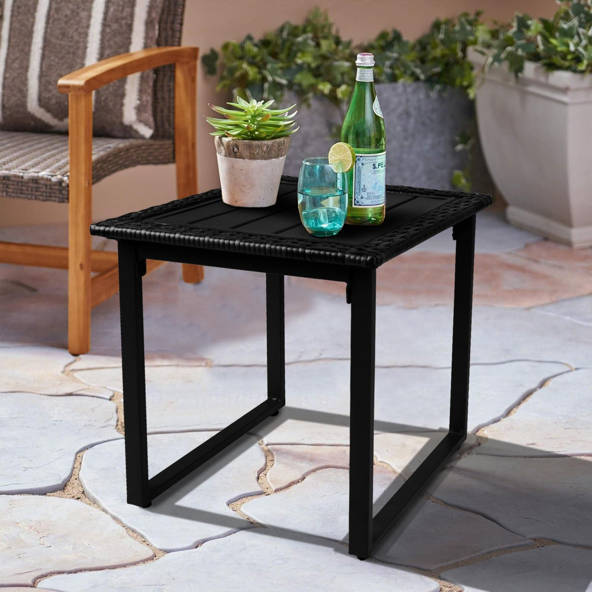 Black PE Wicker Square Outdoor Side Table