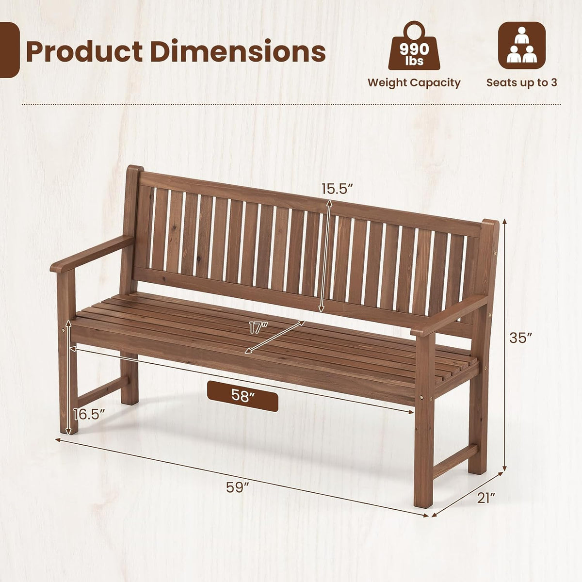 Brown Fir‑Wood 3‑Seater Outdoor Bench, 59"