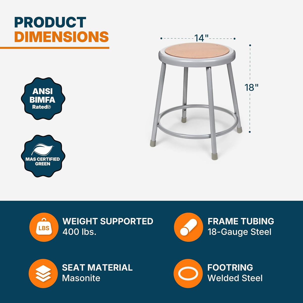Grey‑Frame Masonite Round Steel Stools Set of 2, 18"
