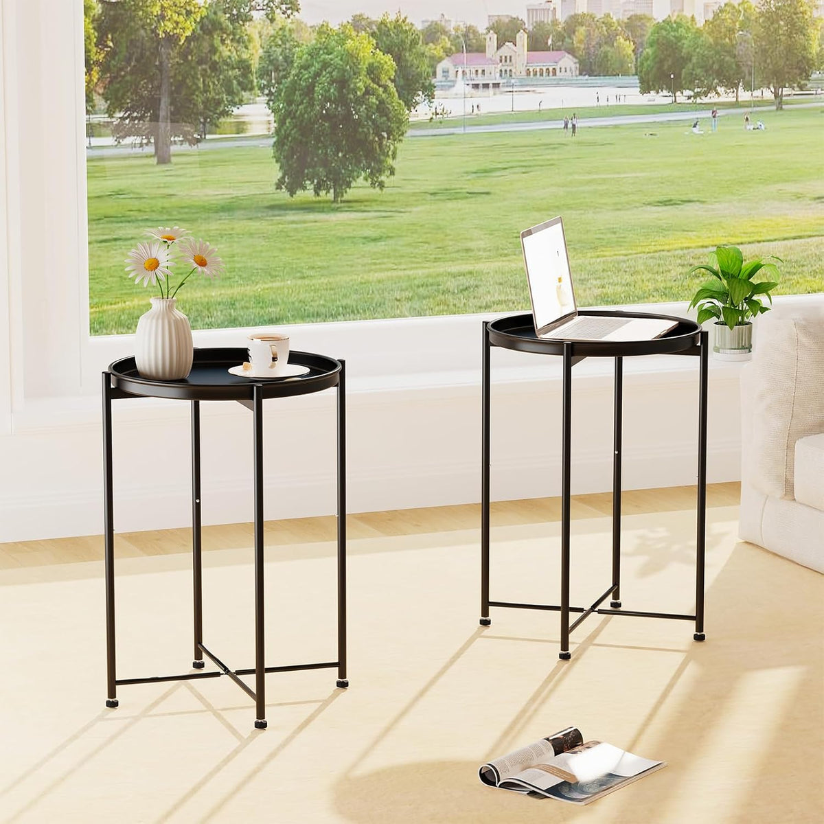Round Tray Side Table Metal Frame 2Pcs