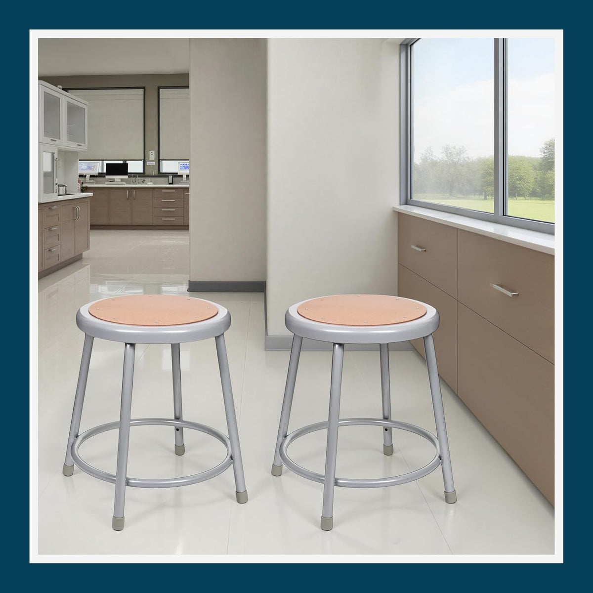 Grey‑Frame Masonite Round Steel Stools Set of 2, 18"