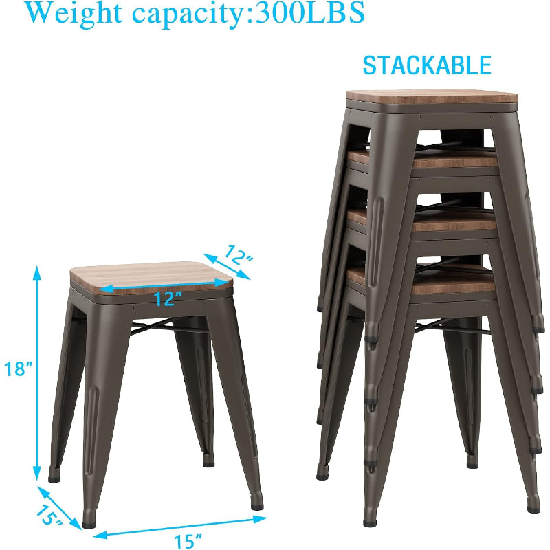 Rusty Metal Bar Stools Set of 4, Wooden Seat 18"