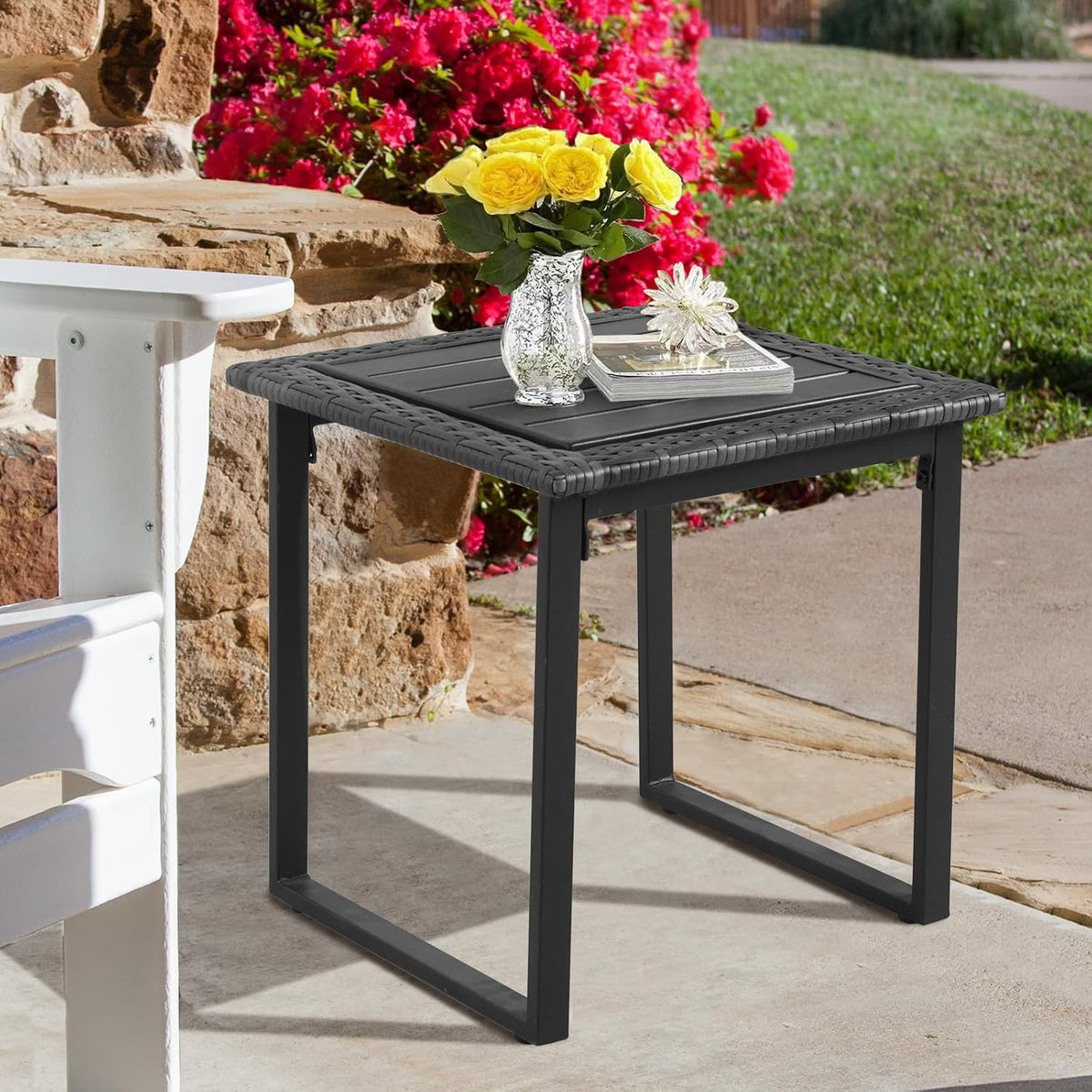 Black PE Wicker Square Outdoor Side Table