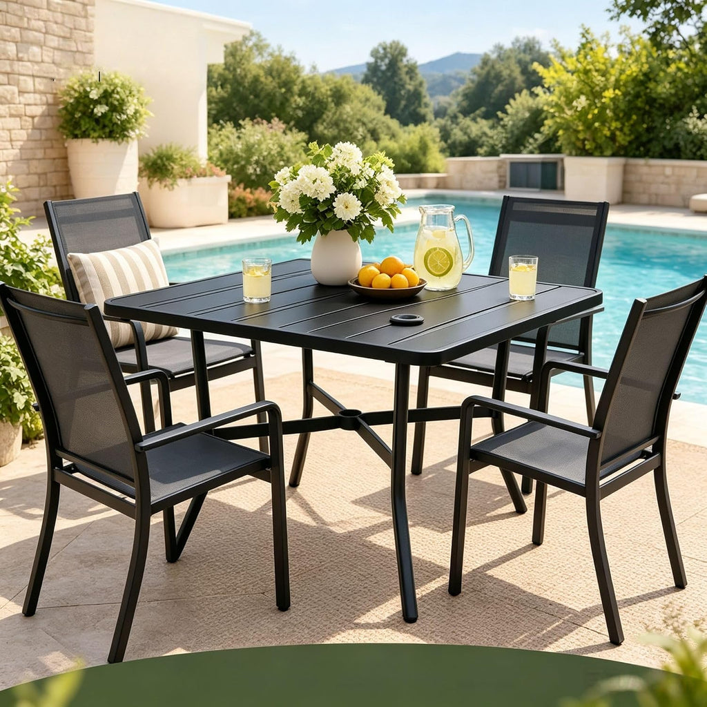 Black Slatted‑Top Square Metal Outdoor Dining Table