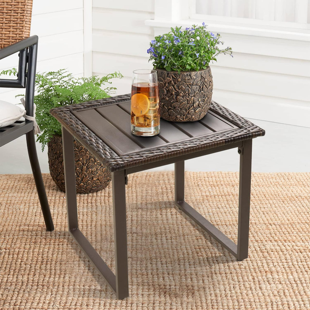 Brown Square Wicker Outdoor Side Table Set of 2