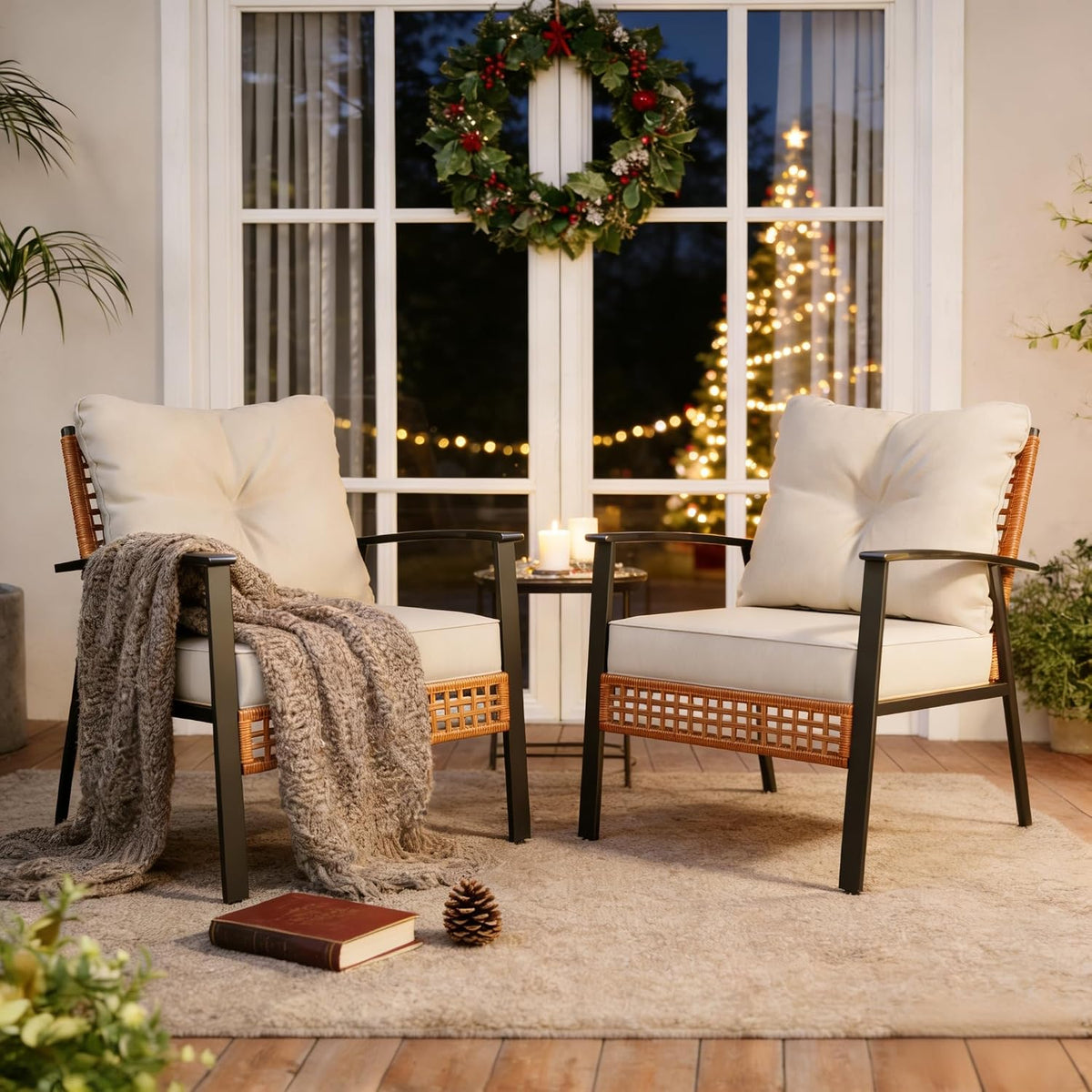 Home Beige Rattan Outdoor Bistro Set of 2