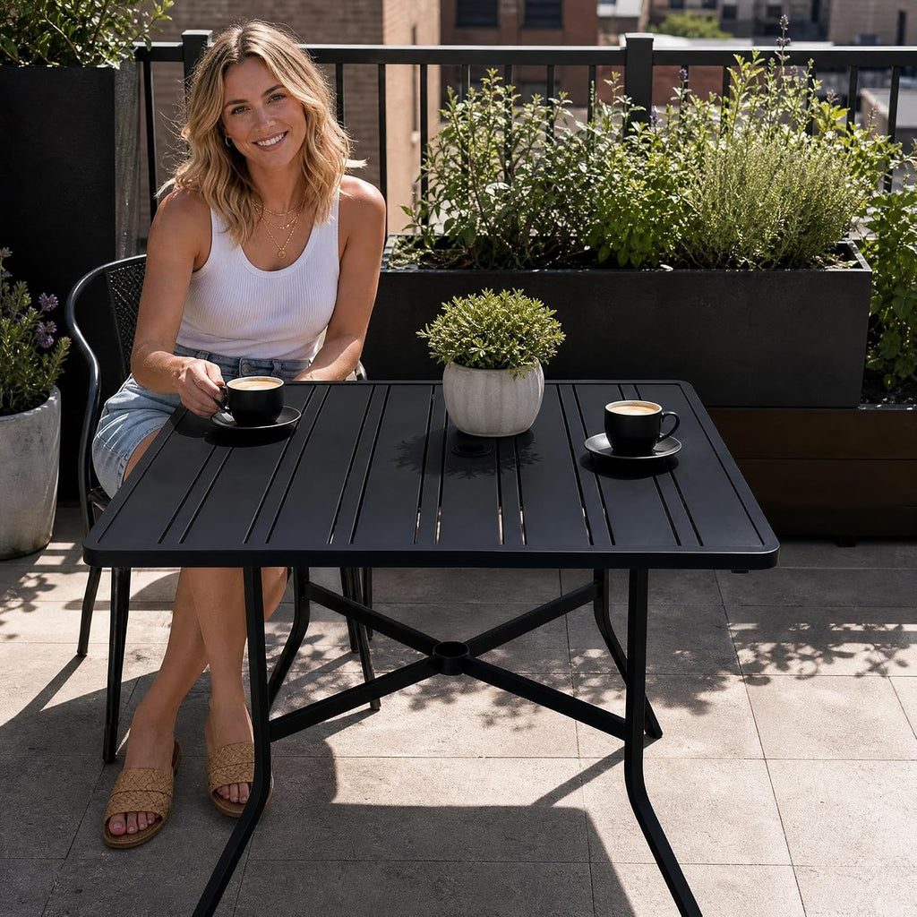 Black Slatted‑Top Square Metal Outdoor Dining Table