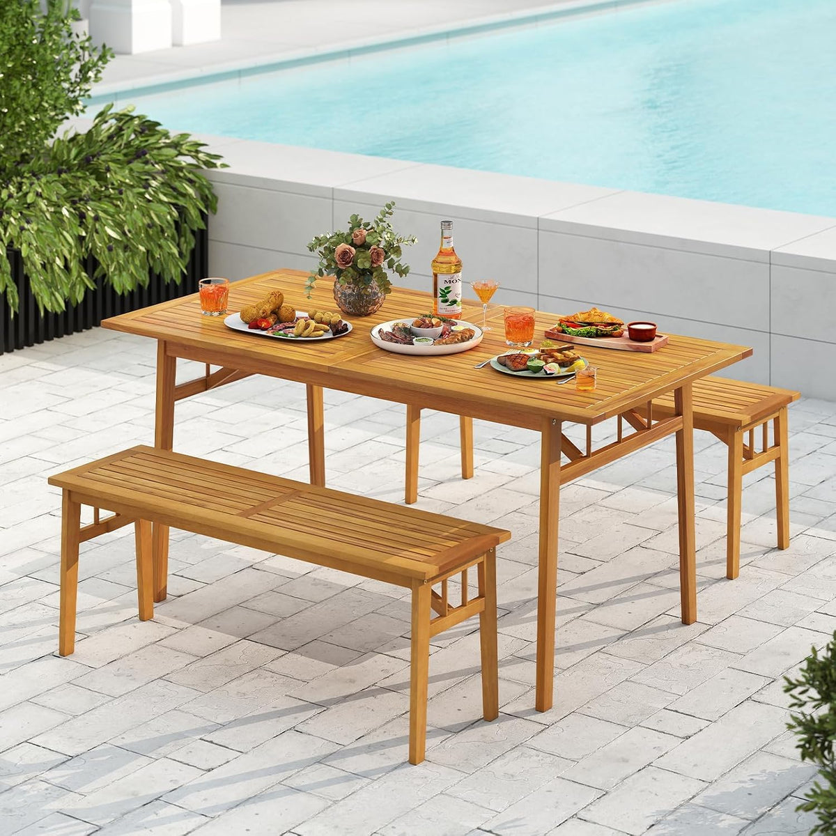 Acacia Wood Outdoor Dining Bench, 48"