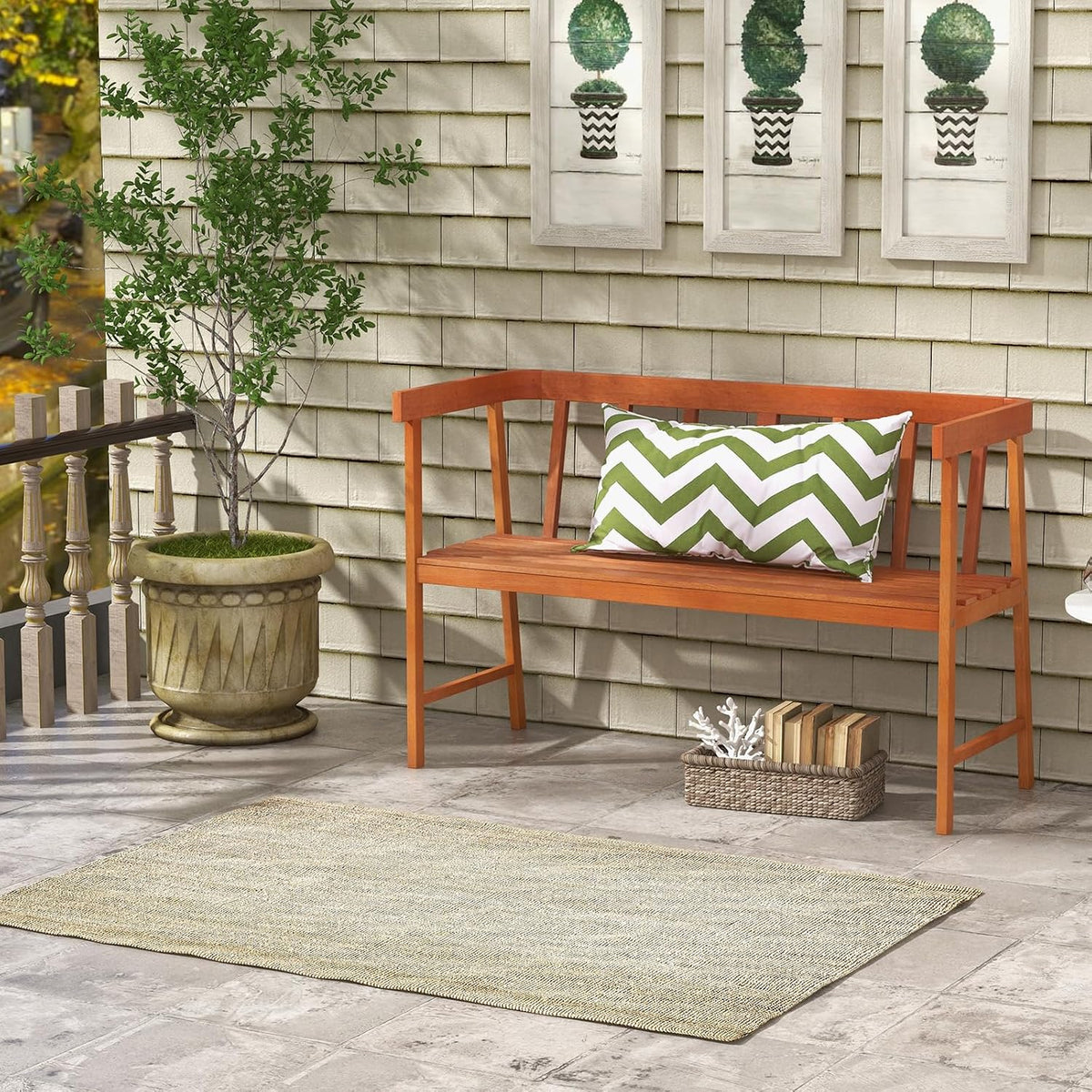 Wood 2‑Person Outdoor Bench with Backrest & Armrests