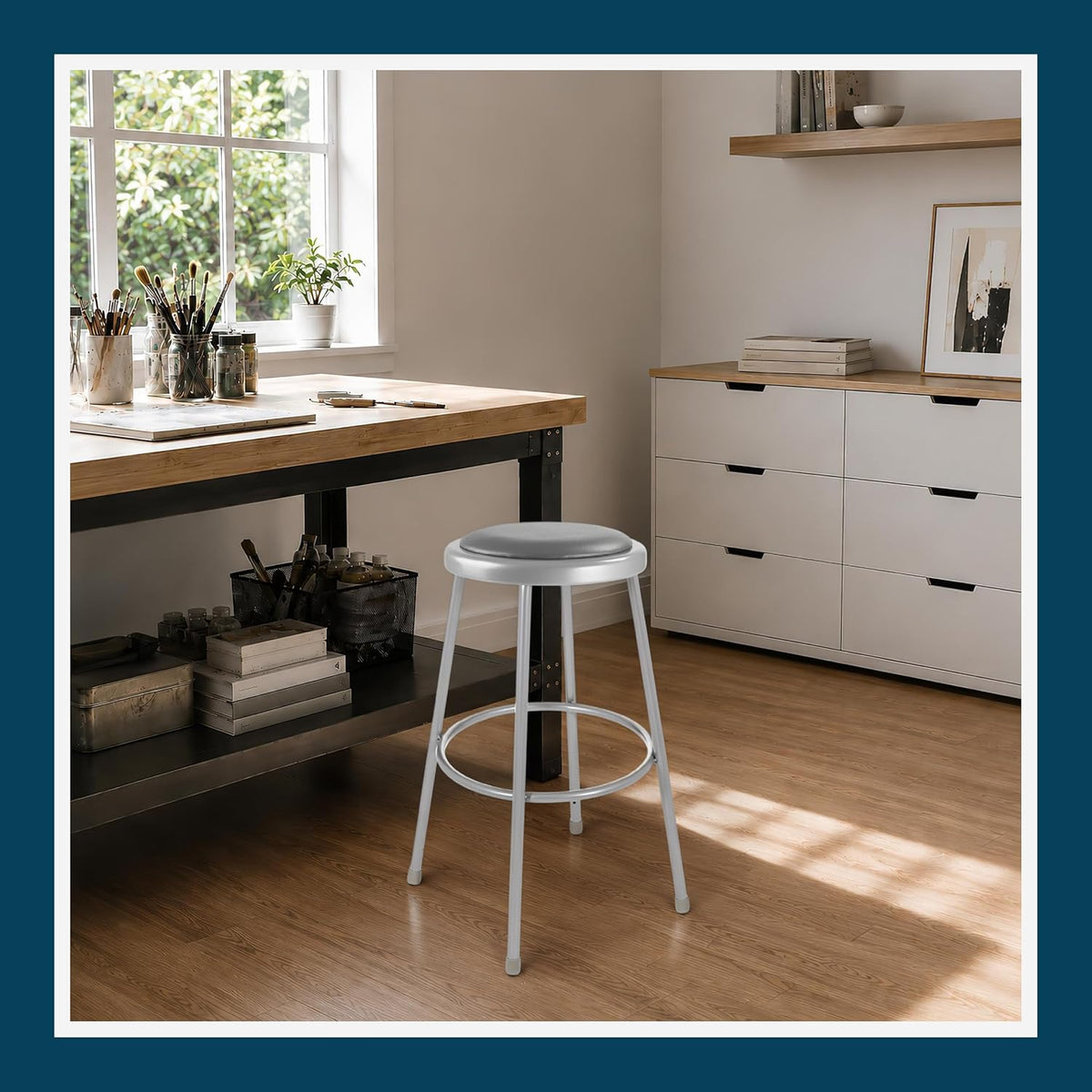 Grey‑Frame Vinyl Padded Round Stools Set of 2, 18"