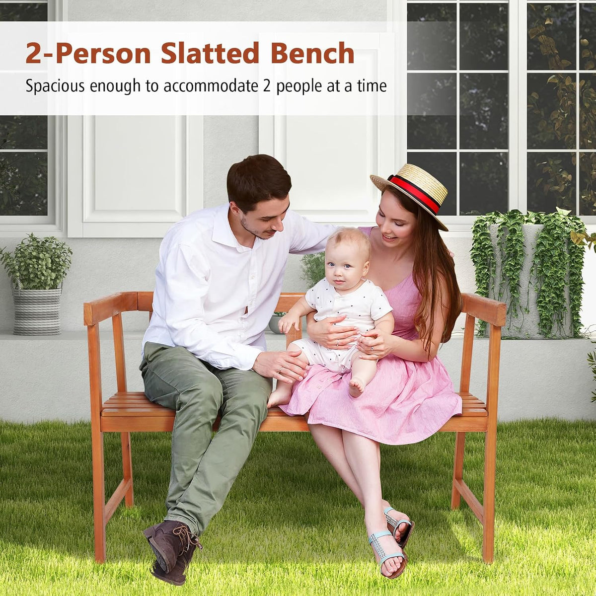 Wood 2‑Person Outdoor Bench with Backrest & Armrests
