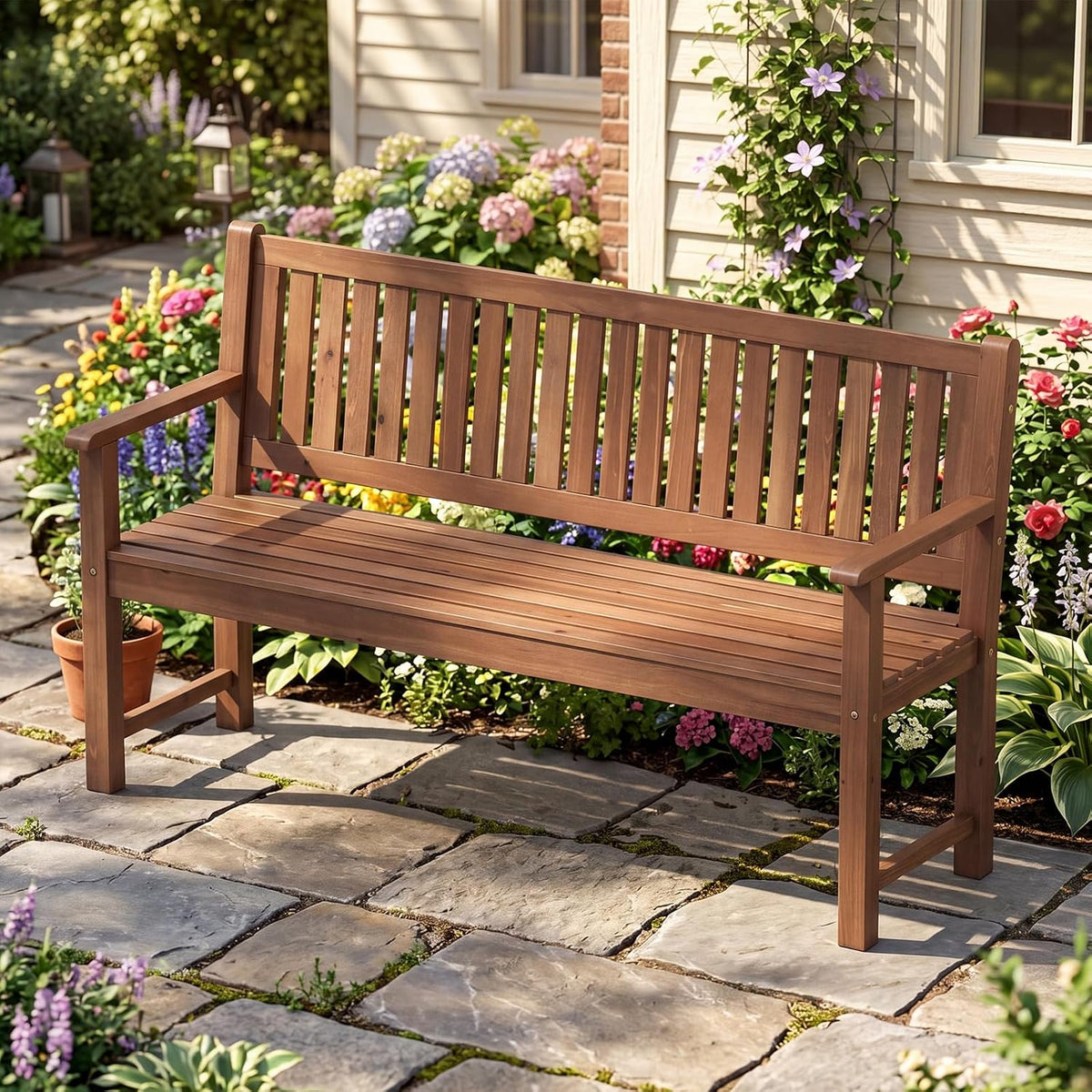 Brown Fir‑Wood 3‑Seater Outdoor Bench, 59"
