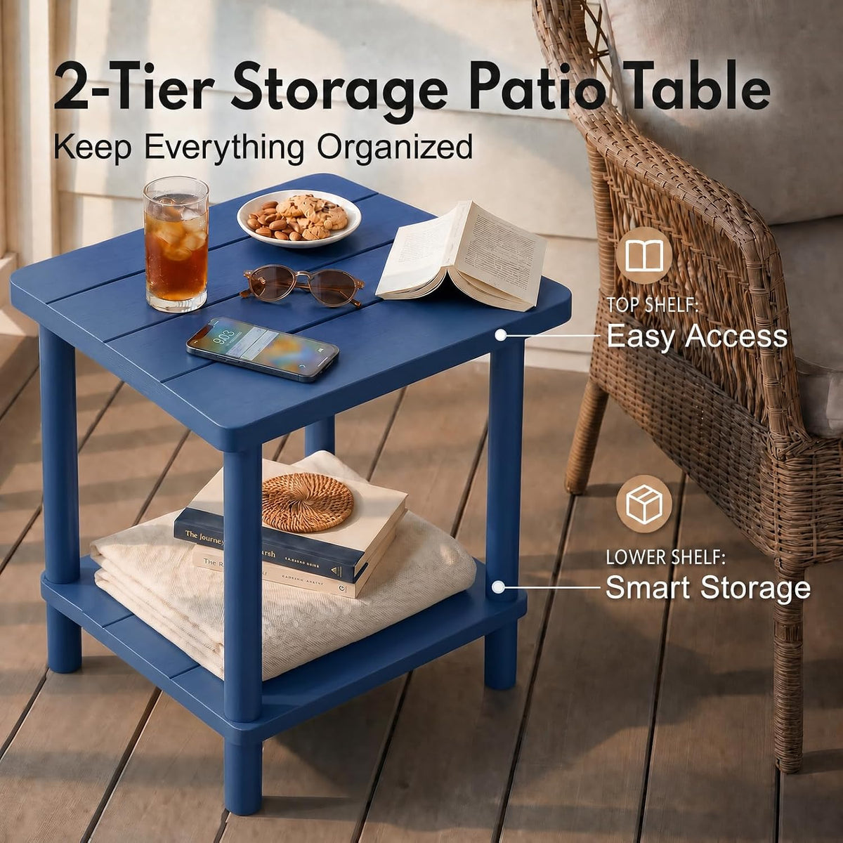 Navy 2‑Tier Square Outdoor Side Table