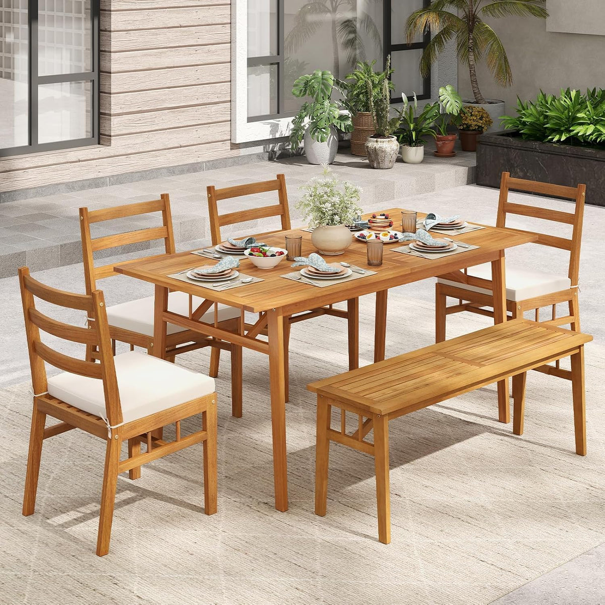 Acacia Wood Outdoor Dining Bench, 48"
