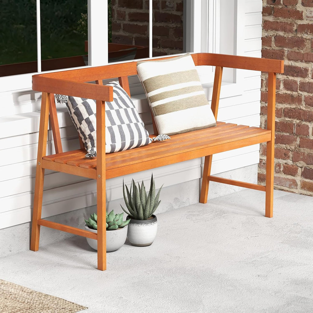 Wood 2‑Person Outdoor Bench with Backrest & Armrests