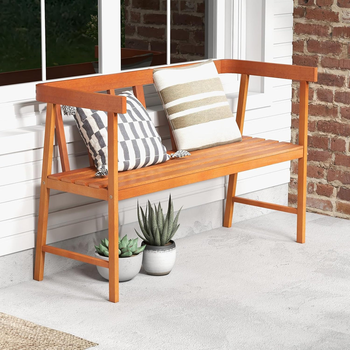 Wood 2‑Person Outdoor Bench with Backrest & Armrests