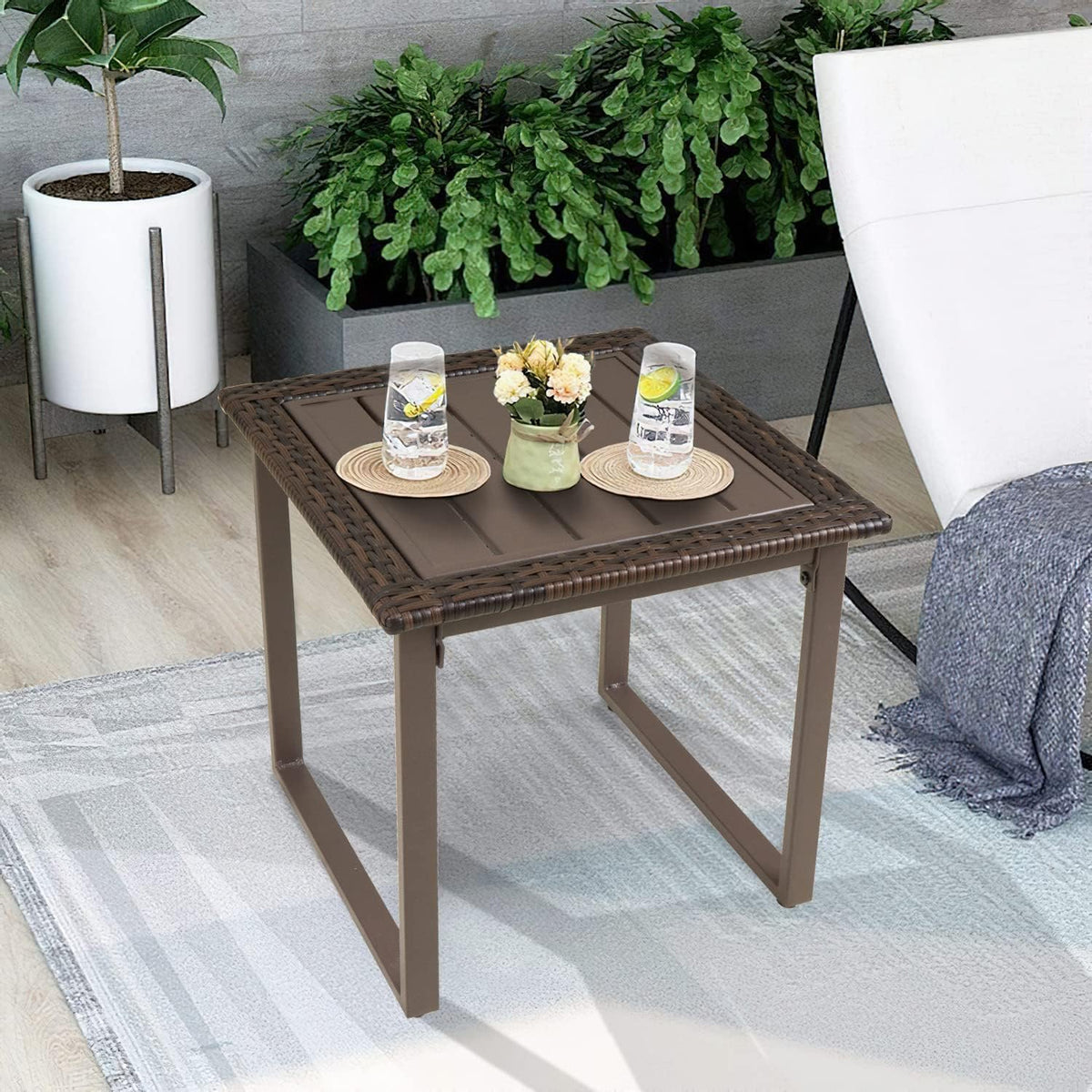 Brown Square Wicker Outdoor Side Table Set of 2