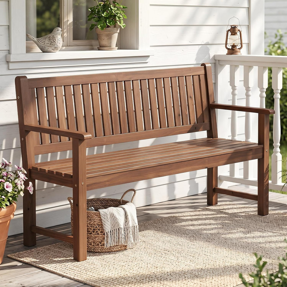 Brown Fir‑Wood 3‑Seater Outdoor Bench, 59"
