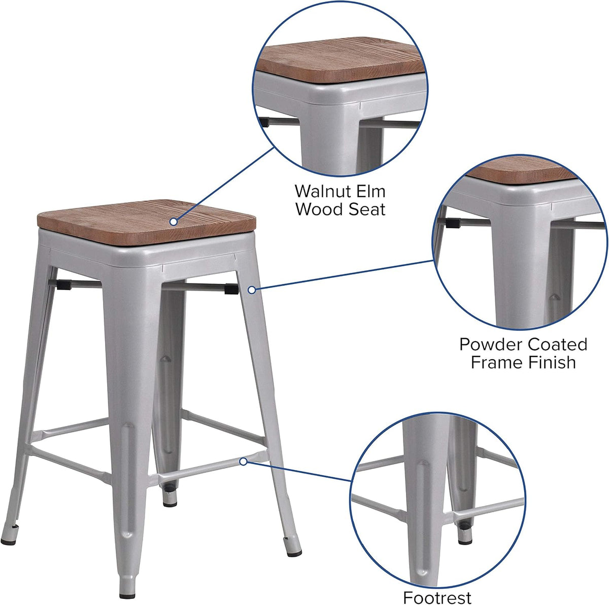 Silver Metal Backless Counter Stool 24"