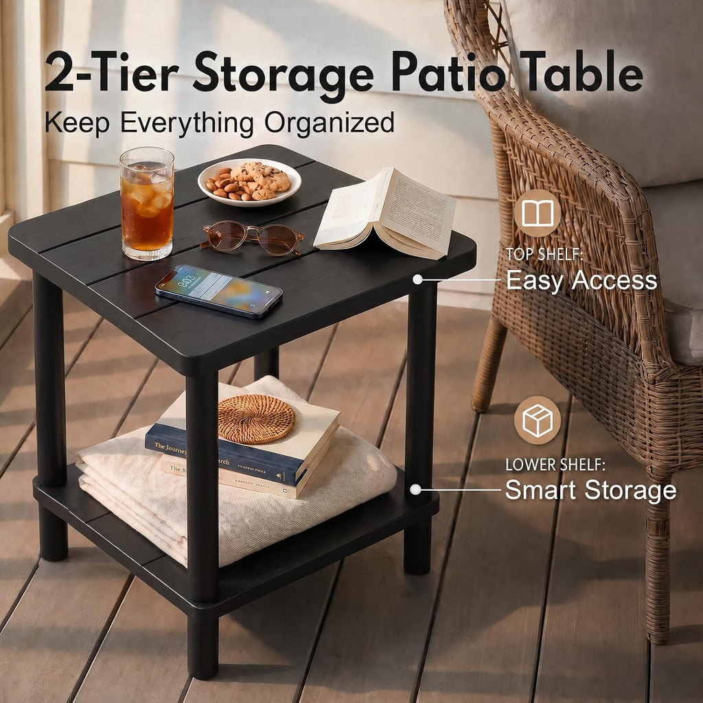 Black 2‑Tier Square Bamboo Outdoor Side Table