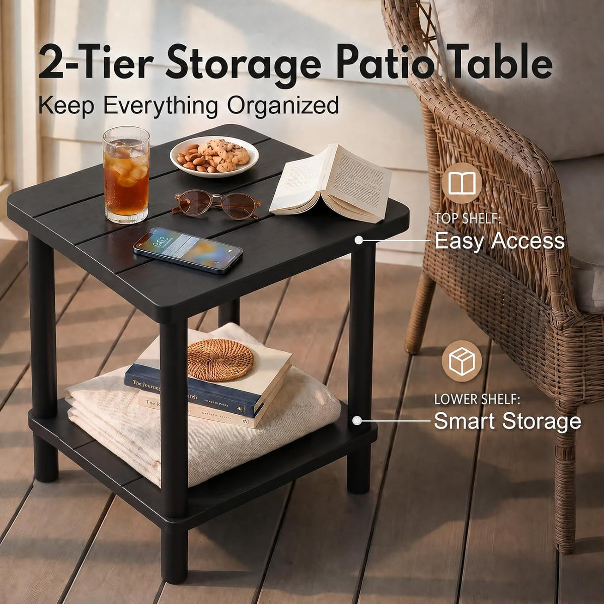 Black 2‑Tier Square Bamboo Outdoor Side Table