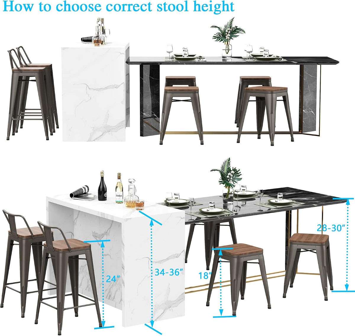 Rusty Metal Bar Stools Set of 4, Wooden Seat 18"