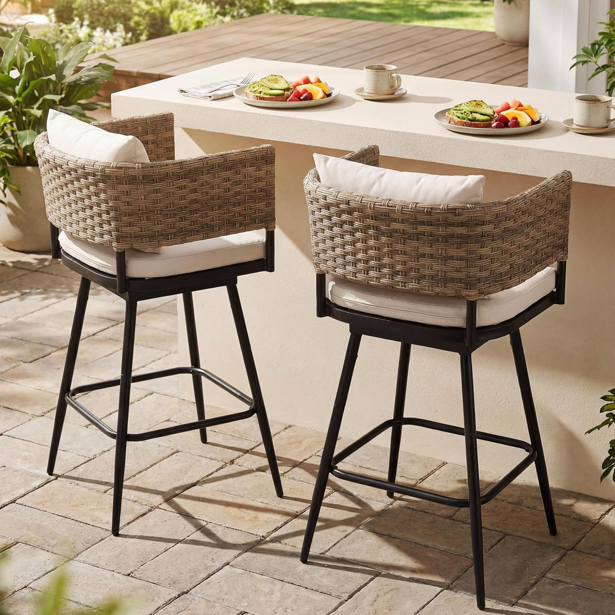 Rattan Swivel Outdoor Bar Stools Set of 2