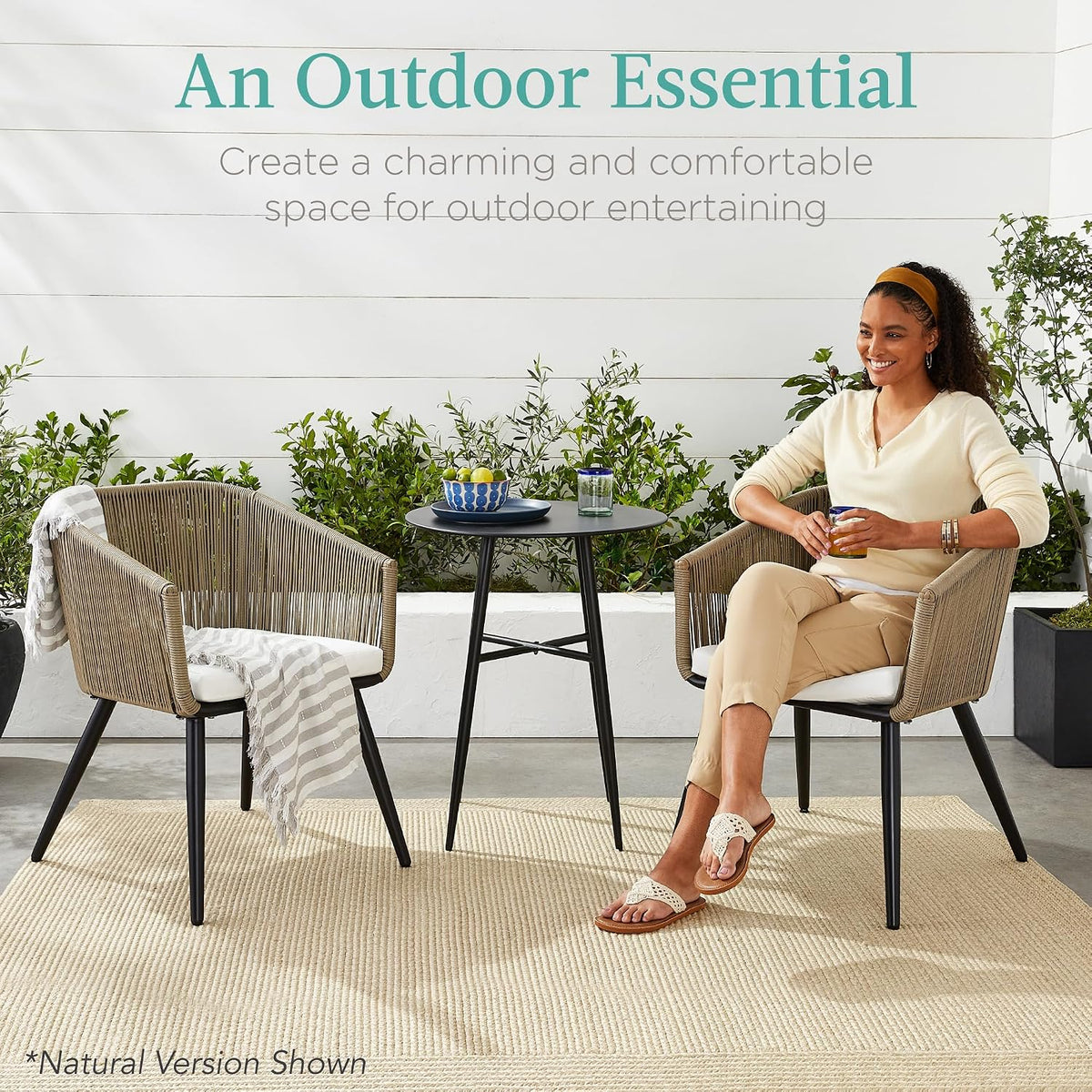 Natural Ivory Wicker Patio Dining Chairs Set of 2