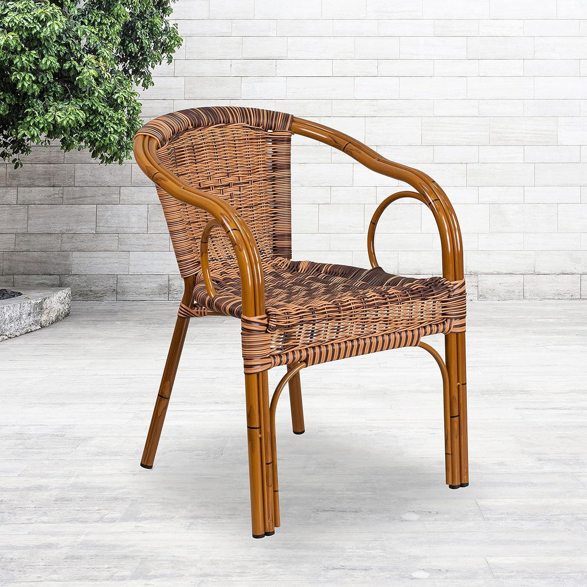 Brown Rattan Patio Chair with Dark Red Bamboo