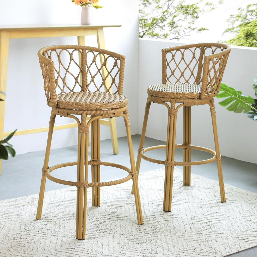 Light Brown Rattan Barrel‑Back Outdoor Barstools Set of 2