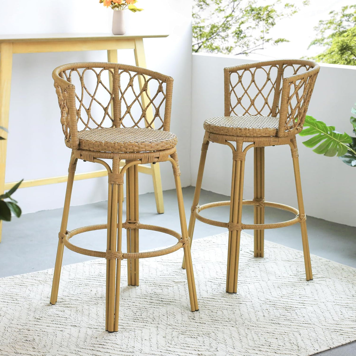 Light Brown Rattan Barrel‑Back Outdoor Barstools Set of 2