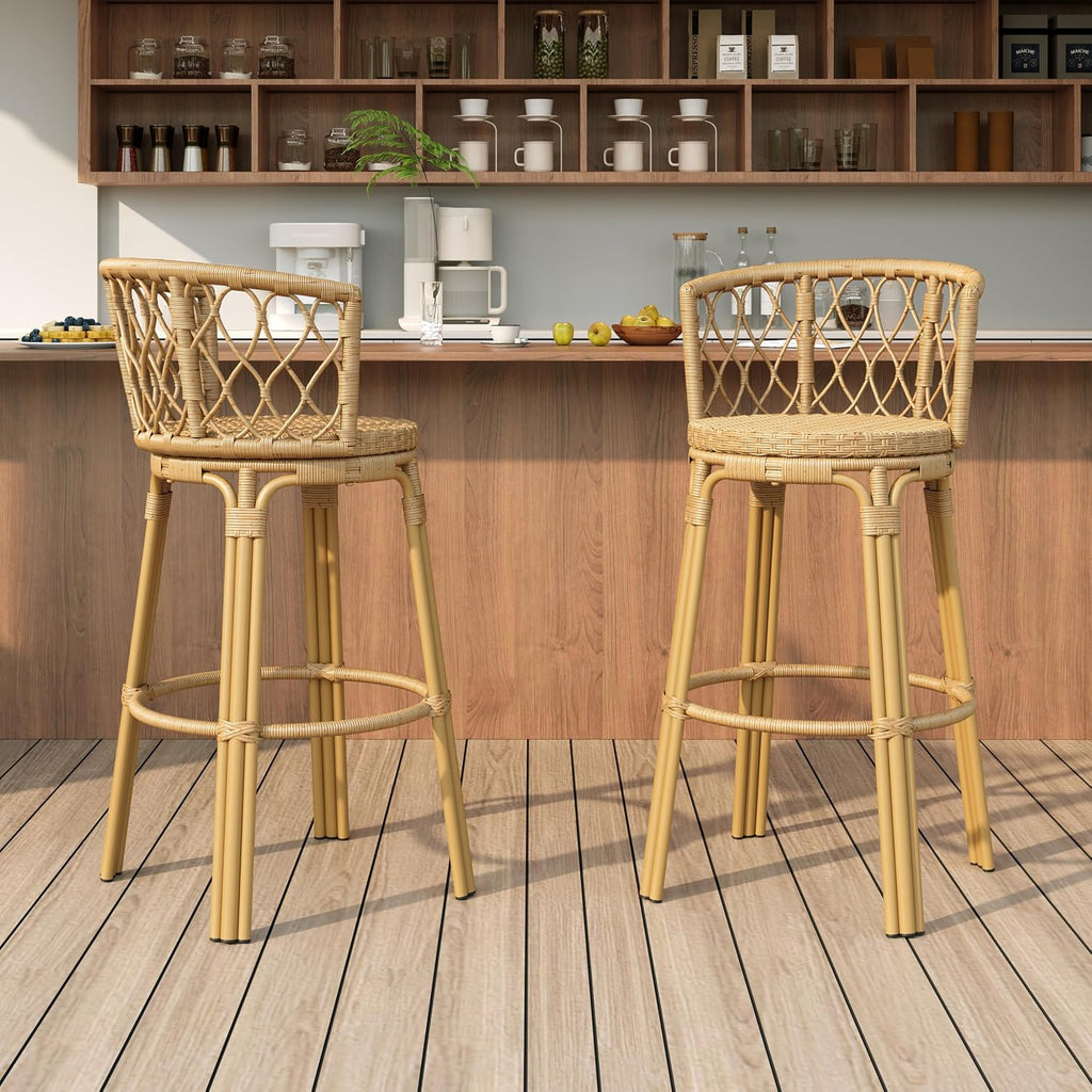 Light Brown Rattan Barrel‑Back Outdoor Barstools Set of 2